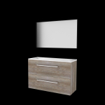 Basic-Line meuble de salle de bain 39 encadré ensemble 100x39cm avec poignées 2 tiroirs vasque acrylique 2 trous de robinetterie miroir cadre aluminium noir mat tout autour mfc scotch oak SW639233