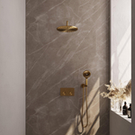 BRAUER Gold Edition Thermostatische Regendouche inbouw - drukknoppen - SET 58 - 30cm hoofddouche - gebogen muurarm - 3 standen handdouche - doucheslang - wandaansluitbocht - goud geborsteld PVD SW925660