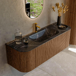 MONDIAZ KURVE-DLUX 140cm Meuble salle de bain avec module 25 G et D - couleur Walnut - 1 tiroir - 2 portes - vasque BIG SMALL centre - 1 trou de robinet - couleur Lava SW1137249