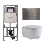 QeramiQ Dely Swirl Toiletset - 36.3x51.7cm - Geberit UP320 inbouwreservoir - met Burda frame - slim zitting - gunmetal bedieningsplaat - ronde knoppen - wit glans SW1126095