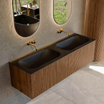 MONDIAZ KURVE 150cm Meuble salle de bain - couleur Walnut - 2 tiroirs - vasque BIG SMALL double - sans trous de robinet - Urban SW1138538