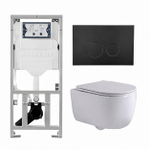 QeramiQ Dely Swirl Toiletset - 36.3x51.7cm - Geberit UP320 inbouwreservoir - met Burda frame - slim zitting - mat zwarte metalen bedieningsplaat - ronde knoppen - glans wit SW1126101