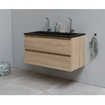 Basic Bella Meuble salle de bains avec lavabo acrylique Noir 100x55x46cm 2 trous de robinet Chêne SW491744