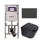 QeramiQ Dely Toiletset - 36.3x51.7cm - diepspoel - rimless - Geberit UP320 inbouwreservoir - softclose toilet zitting 35 mm - bedieningsplaat antraciet mat - rechthoekige knoppen - mat zwart SW1235407