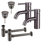 FortiFura Calvi Kit robinet lavabo - pour double vasque - robinet bas - bonde non-obturable - siphon design bas - Gunmetal PVD SW892011