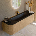 MONDIAZ KURVE 150cm Meuble salle de bain avec module 25 G et D - couleur Oak - 1 tiroir - 2 portes - vasque BIG MEDIUM centre - 1 trou de robinet - Urban SW1138403