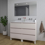 Saniclass Chaci PLUS Meuble de salle de bain - 120x86x46cm - lavabo en céramique blanc - 2 vasques - sans trous de robinet - 6 tiroirs - miroir rectangulaire - mat cotton (beige) SW1182423