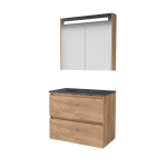 Basic-Line Premium 46 ensemble de meubles de salle de bain 80x46cm sans poignée 2 tiroirs en pierre dure lavabo 1 trou pour robinetterie armoire de toilette éclairage led intégré mfc whisky oak SW639632