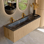 MONDIAZ KURVE-DLUX 145cm Meuble salle de bain avec module 25 D - couleur Oak - 1 tiroir - 1 porte - vasque BIG LARGE gauche - 2 trous de robinet - couleur Lava SW1137199