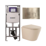 QeramiQ Dely Toiletset - 36.3x51.7cm - diepspoel - rimless - Geberit UP320 inbouwreservoir - softclose toilet zitting 35 mm - geborsteld messing bedieningsplaat - rechthoekige knoppen - mat beige SW1236508