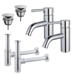 FortiFura Calvi Kit robinet lavabo - pour double vasque - robinet bas - bonde non-obturable - siphon design - Chrome brillant SW915288