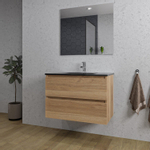 Saniclass Chaci Badkamermeubelset - 80x46x55cm - keramische wastafel zwart - 1 wasbak - 1 kraangat - 2 lades - rechthoekige spiegel - eiken SW816548