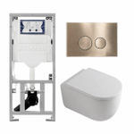 QeramiQ Dely Swirl Toiletset - 36.3x51.7cm - Geberit UP320 inbouwreservoir - met Burda frame - 35mm zitting - geborsteld messing bedieningsplaat - ronde knoppen - glans wit SW1138653