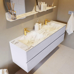 Mondiaz VICA-DLUX ensemble de meuble de salle de bain - 150cm - meuble sous-vasque cale - 4 tiroirs - lavabo encastré cloud double - 2 trous de robinet - version haute de 60cm - glace SW1088352