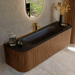 MONDIAZ KURVE 150cm Meuble salle de bain avec module 25 G et D - couleur Walnut - 1 tiroir - 2 portes - vasque BIG MEDIUM centre - 1 trou de robinet - Urban SW1138461