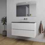 Adema Chaci Ensemble salle de bain - 100x46x57cm - 1 vasque en céramique noire - sans trous de robinet - 2 tiroirs - miroir rectangulaire - blanc mat SW816572