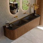 MONDIAZ KURVE 170cm Meuble salle de bain avec module 25 G et D - couleur Walnut - 1 tiroir - 2 portes - vasque CLOUD double - sans trous de robinet - Urban SW1138495