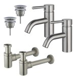 Fortifura Calvi Kit robinet lavabo - pour double vasque - robinet bas - bonde non-obturable - siphon design bas - Inox brossé PVD SW891996