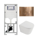 QeramiQ Dely Toiletset - 36.3x51.7cm - diepspoel - rimless - Geberit UP320 inbouwreservoir - softclose toilet zitting 35 mm - koperen bedieningsplaat - ronde knoppen - mat wit SW1235385
