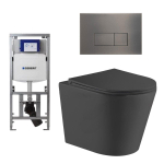 QeramiQ Dely Pack WC cuvette sans bride 36.3x51.7cm avec bâti-support Geberit UP320 abattant WC noir mat frein de chute et plaque de commande Gun metal boutons Rectangulaires SW804628