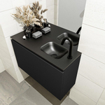 MONDIAZ OLAN Kit lave-mains - 80x30x40cm - 1 trou de robinet - 1 tiroir - urban mat - lavabo à droite - Solid Surface Noir SW473594