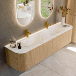 MONDIAZ KURVE-DLUX 180cm Meuble salle de bain avec module 25 G et D - couleur Oak - 2 tiroirs - 2 portes - vasque LEAF double - 2 trous de robinet - couleur Frappe SW1137387