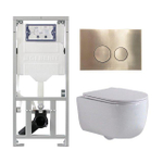 QeramiQ Dely Swirl Toiletset - 36.3x51.7cm - Geberit UP320 inbouwreservoir - met Burda frame -slim zitting - geborsteld messing bedieningsplaat - ronde knoppen - wit glans SW1126097