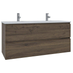 Saniclass Chaci Meuble de salle de bain - 120x45x55cm - lavabo en céramique brillant blanc - 2 vasques - 2 trous de robinet - 2 tiroirs - noyer SW809388