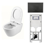 QeramiQ Salina Spoelrandloos toiletset inclusief toiletzitting, inbouwreservoir en mat zwart bedieningspaneel SW228055