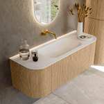 MONDIAZ KURVE 130cm Meuble salle de bain avec module 25 G et D - couleur Oak - 1 tiroir - 2 portes - vasque BIG SMALL centre - sans trous de robinet - Talc SW1138181