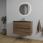 Saniclass Chaci Ensemble meuble de salle de bains - 80x46x55cm - lavabo céramique noir - 1 vasque - 1 trou de robinet - 2 tiroirs - miroir rond avec éclairage - noyer (bois) SW816271