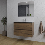 Saniclass Chaci Meuble de salle de bain - 80x46x55cm - lavabo en céramique noir - 1 vasque - 1 trou de robinet - 2 tiroirs - miroir rectangulaire - noyer (hout) SW816549