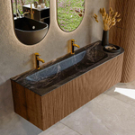 MONDIAZ KURVE-DLUX 145cm Meuble salle de bain avec module 25 D - couleur Walnut - 1 tiroir - 1 porte - vasque BIG LARGE gauche - 2 trous de robinet - couleur Lava SW1137254