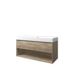 Proline loft ensemble de meubles de salle de bains 120x46x62cm meuble avec étagère chêne brut avec 2 trous pour robinetterie polystone blanc brillant SW350129