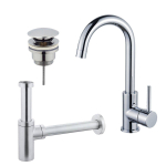 FortiFura Calvi Kit robinet lavabo - robinet haut - bec rotatif - bonde clic clac - siphon design - Chrome brillant SW915261