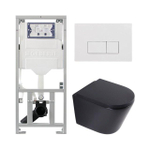 QeramiQ Dely Toiletset - 36.3x51.7cm - diepspoel - rimless - Geberit UP320 inbouwreservoir - softclose toilet zitting - 35mm - glans witte bedieningsplaat - rechthoekige knoppen - mat zwart SW1235419