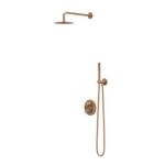 IVY Pact Ensemble de douche à effet pluie - encastré - inverseur d’arrêt 2 voies - bras de plafond 15 cm - douche de tête ronde medium 25 cm - barre de douche avec sortie - flexible de douche 150 cm - douchette bâton - cuivre brossé mat PVD SW1035023