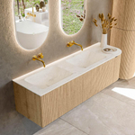 MONDIAZ KURVE-DLUX 155cm badmeubel met module 25 R kleur Oak met 2 lades en 1 deur. Wastafel LEAF dubbel / links zonder kraangat kleur Opalo. SW1137613