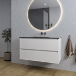 Adema Chaci Meuble salle de bain - 100x46x57cm - 1 vasque en céramique noire - sans trou de robinet - 2 tiroirs - miroir rond avec éclairage - blanc mat SW816296