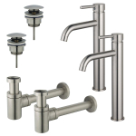 FortiFura Calvi Kit robinet lavabo - pour double vasque - robinet rehaussé - bonde clic clac - siphon design bas - Inox brossé PVD SW911718