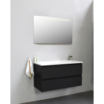 Basic Bella Meuble salle de bains avec lavabo acrylique Blanc 100x55x46cm sans trous de robinet avec miroir et éclairage Noir mat SW491788