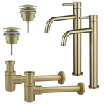 Fortifura Calvi Kit robinet lavabo - pour double vasque - robinet rehaussé - bonde clic clac - siphon design bas - Laiton brossé PVD SW911725