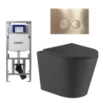 QeramiQ Dely Pack WC cuvette sans bride 36.3x51.7cm avec bâti-support Geberit UP320 abattant WC noir mat frein de chute et plaque de commande laiton brossé boutons Ronds SW804629