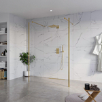 Fortifura Galeria Vrijstaande Inloopdouche - 140x200cm - helder - antikalk - 8mm veiligheidsglas - 2 zijwanden - 30cm - wandsteunen en hoekprofielen - PVD - geborsteld messing (goud) SW992946