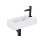 QeramiQ Fuente Ensemble lave-mains - 37.5x18.5x9cm - céramique - trou de robinet à droite - robinet de lave-mains noir mat - bonde - siphon abaissé - Blanc brillant SW1232727