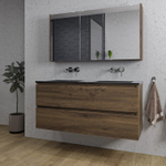 Saniclass Chaci Meuble de salle de bain - 120x46x55cm - lavabo en céramique noir - 2 vasques - sans trous de robinet - 2 tiroirs - armoire miroir - noyer (hout) SW856586