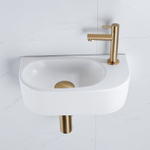 QeramiQ Fuente Ensemble de lavabo - 40x21.5x12cm - droit - lisse - demi-rond - 1 trou de robinet - céramique - robinet de lavabo laiton brossé - bonde - siphon abaissé - blanc mat SW1232820