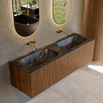 MONDIAZ KURVE-DLUX 150cm Meuble salle de bain - couleur Walnut - 2 tiroirs - vasque STOR SMALL double - sans trou de robinet - couleur Lava SW1137290