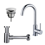 Fortifura Calvi Wastafelkraanset - hoge wastafelkraan - draaibare - uitloop - always open plug - verlaagde design - sifon - hoogglans chroom SW891928