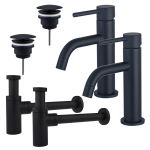 FortiFura Calvi Kit robinet lavabo - pour double vasque - robinet bas - bonde non-obturable - siphon design - Noir mat SW915296